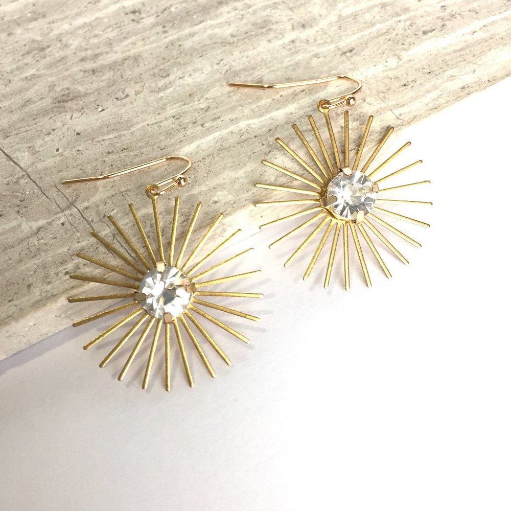 Rhinestone Sunburst Gold dangle Earrings